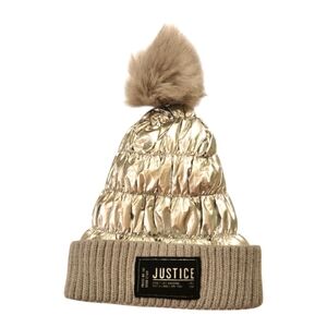 Justice Girls Silver Pom Lined Beanie Hat